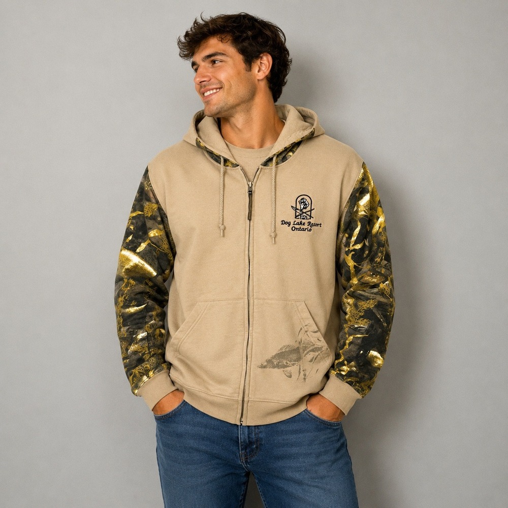 Fishouflage Dog Lake Resort Ontario Full Zip Hoodie Tan Camo Mens Medium